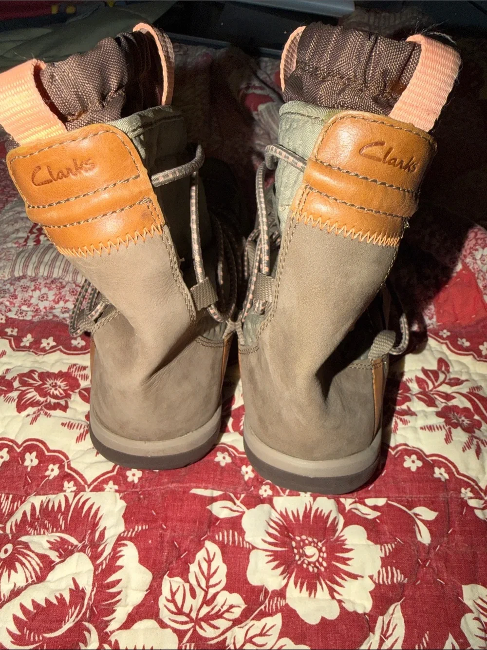 Clarks Privo Aria Frost Taupe Winter Ankle Boots with Pink Pull Tabs
